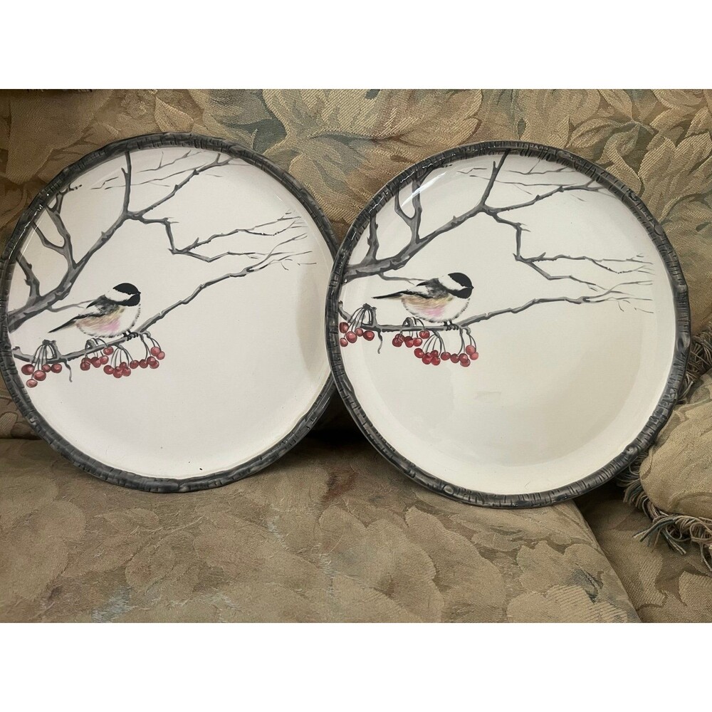 Set of 2 Discontinued Kate Williams Winter Chickadee Dinner Plates